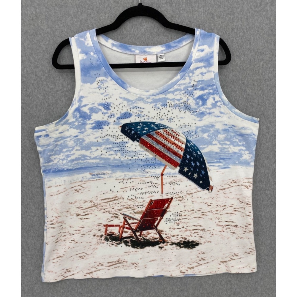 Quacker‎ Factory Tank Top XL American Flag Beach Graphic rhinestones